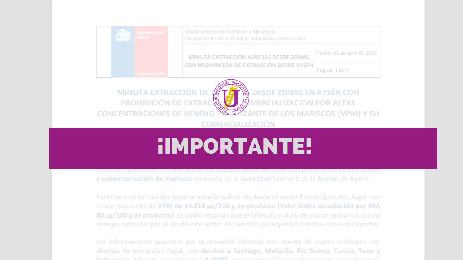 ADVERTENCIA POR EXTRACCIÓN DE MARISCOS DESDE ZONAS CON PROHIBICIÓN EN LA  REGIÓN DE AYSÉN. PREOCUPA SU COMERCIALIZACIÓN POR LAS ALTAS CONCENTRACIONES  DE VENENO PARALIZANTE PRESENTE EN LOS MARISCOS. - Colegio de Nutricionistas